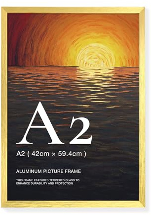LIVINGTASTE 1 Stück Bilderrahmen A2 - Aluminium Gold Rahmen | gebürstet mit gehärtetem Glas fur 42x59.4 cm Fotos Fotorahmen für Poster und Wohnzimmer Kinderzimmer Deko Galerie