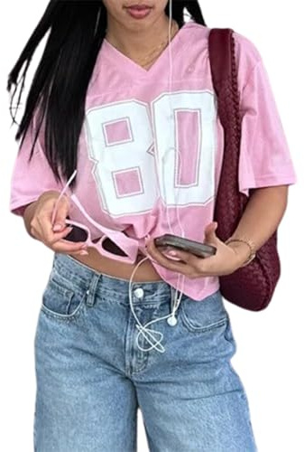 LYSINK Damen Y2K Übergroße Jersey-Shirts V-Ausschnitt Halbarm Nummer Grafik-Shirts Sommer Casual Jersey Streetwear Tops, M