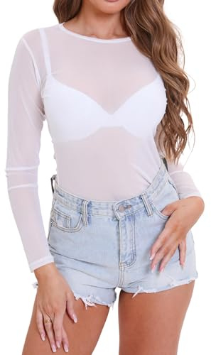 Eisnnu Damen Mesh Oberteile Transparentes Langarm Shirt Frauen Durchsichtige Rundhals T-Shirt Sexy Netzoberteil Party Tops