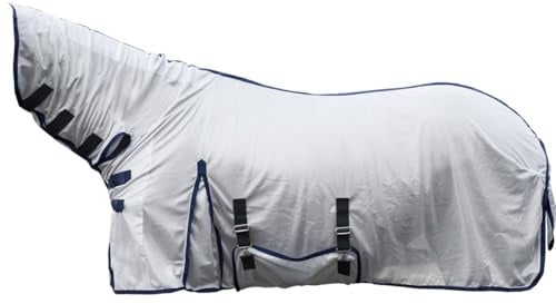 HKM 7076 Fliegendecke Lyon mit festem Halsteil, Fliegenschutzdecke Pferdedecke, Silber, 145 cm