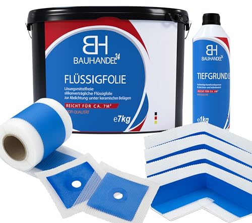 Bauhandel24-7kg Flüssigfolie Bad, 10m Dichtband Set, 4 Innenecken Dusche, 2 Manschetten, 1kg Voranstrich Abdichtung