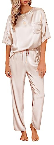 Ekouaer Schlafanzug Damen lang Zweiteiler Pyjama Satin Hausanzug Kurzarm Pyjama Set, S-XXL