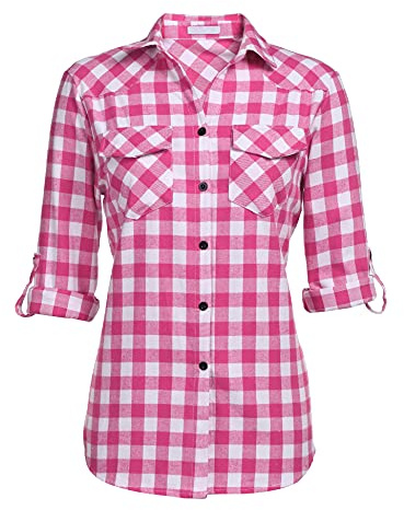 UNibelle Trachtenhemd Damen Bluse Kariert Hemd V-Ausschnitt Trachtenbluse Langarm Karierte Hemden Oktoberfest Karohemd Knöpfen Trachten Oberteil Rosa-B S