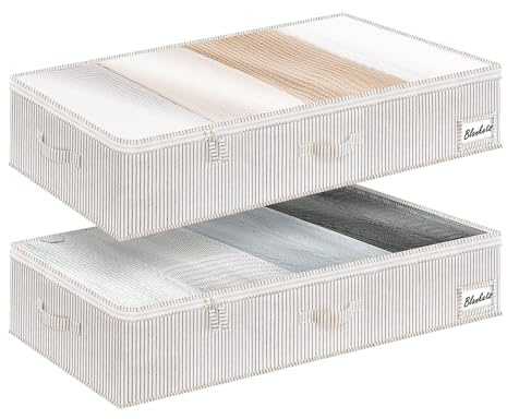 StorageWorks Unterbett Aufbewahrung, große Unterbett Aufbewahrungsbox mit Deckel Stoff, faltbare Unterbettkommode für Kleidung, Decken und Schuhe, Organizer-Bettkasten, grau-weiß gestreift, 2 Stück