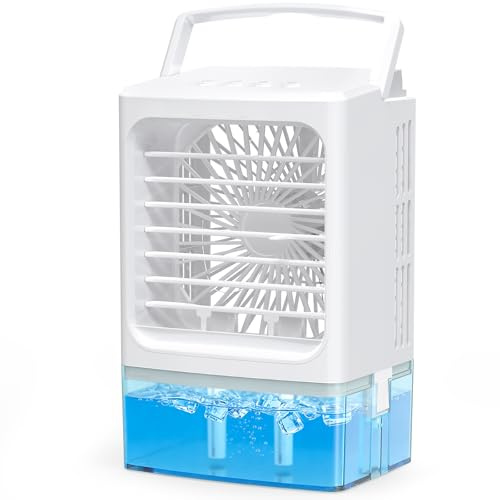 Mini Klimaanlage Ventilator 4-in-1, Lüfter, Luftkühler mit Befeuchter & LED Licht, 900ml Wassertank, 3 Geschwindigkeiten, 60° Verstellbar, USB 5V, Leise Mobiler Air Cooler für Büro Schlafzimmer Auto