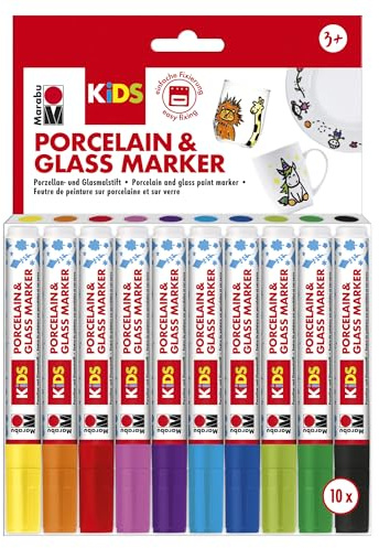 Marabu 0125000000084 - Porcelain & Glas Painter Kids, Set Mega Fun mit 10 Farben, Porzellan- und Glasmalstift für Kinder, kinderleichtes Malen, spülmaschinenfest nach Einbrennen, Spitze 1 - 3 mm