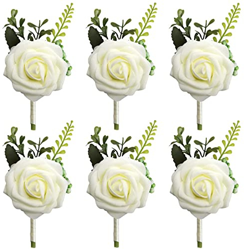 6 Stück Hochzeit Braut Blumen Anstecker, Rose Blumens Ansteckers, Hochzeitsanstecker der Männer, Hochzeitsbrosche, Hochzeit Rose Blumens Anstecker, für Party Prom Männer Anzug Dekoration (Weiß)