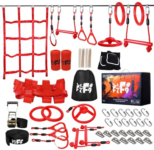 18 Meter Langer Ninja-Warrior-Hindernisparcours für Kinder – Slackine-Spielset mit Kletterstangen, Tragkraft 165 kg, höhenverstellbar, Trainingsgerät für drinnen und draußen im Garten