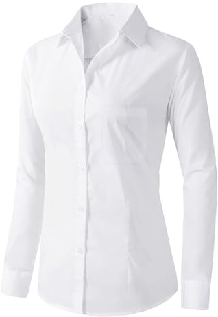 Friptspyg Bluse Damen Langarm Elegant Hemdbluse Lässiges Langbluse V-Ausschnitt Oversize Bluse Oberteile Tops mit Tasche,Weiß S