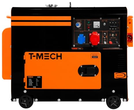 Leiser Dieselgenerator, dreiphasig, ATS, 6,5 kVA, 6500 W, 13 PS, 230 V, 400 V, Elektrostart, geschlossener Rahmen, Notfallstrom, 4 tragbare Räder, schwarzer pulverbeschichteter Stahl, 20 l
