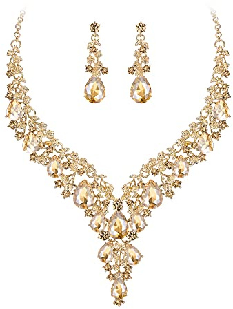 Clearine Hochzeit Schmuck-Set Tropfen Strass Cluster Statement Halskette und Ohrhänger-Set Kostümschmuck für Damen Klar Silber-Ton