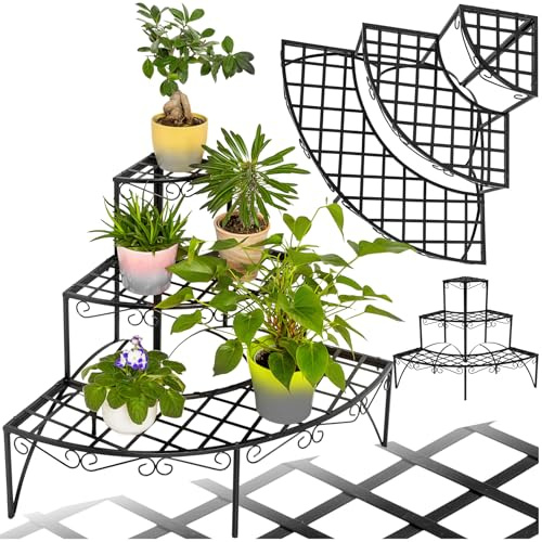 tectake® Pflanzentreppe, Blumenständer Metall, Blumenbank, Blumentreppe mit 3 Stufen, Pflanzenregal, Pflanzenregal outdoor, Blumenregal, Blumenhocker ca. 60x60x60cm (Stufen rund| Nummer 401712)