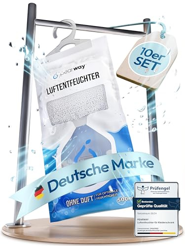 PEARWAY 10x XL 500ml Luftentfeuchter Beutel zum Aufhängen gegen Feuchtigkeit, Schimmel und Gerüche im Kleiderschrank und an feuchten Fenstern