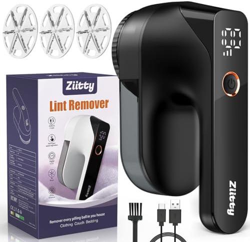 Ziitty Fusselrasierer Elektrisch, Fusselentferner für 3 Einstellbaren Leistungsstufen, 6-Klingen-Kopf Fusselfräse für Verschiedene Stoffe Komplettset mit Type-C-Ladekabel und Reinigungsbürste(Schwarz)