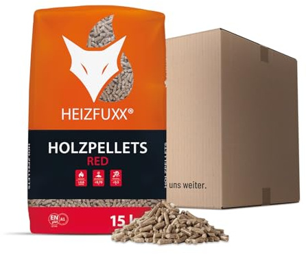 Holzpellets Red Sackware 15 kg - 6mm Hartholz Pellets mit hohem Heizwert & geringem Ascheanteil - Premium Heizpellets für Feuerrohr, Kamin, Ofen, Grill oder Smoker
