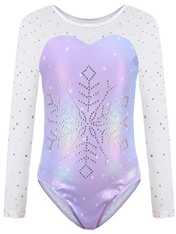 Sinoeem Gymnastikanzug Kinder Mädchen Diamond Splice Tank Trikot Langarm/Ärmellos Turnanzug Ballettröckchen Kleid Trikotanzug Tanz Kleid Gymnastik Dancewear (Lila-Langarm, 5-6 Jahr)