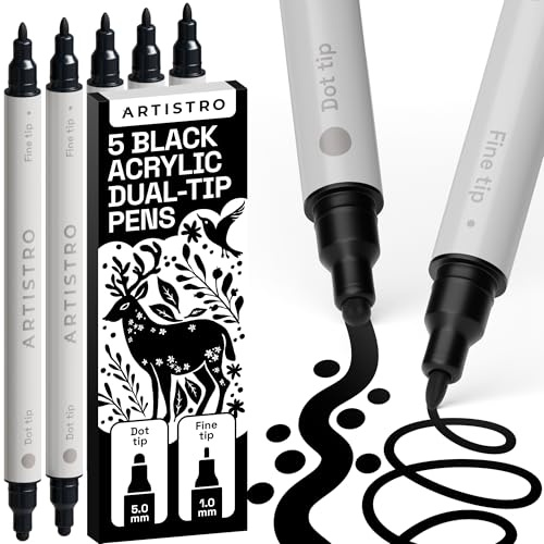 Artistro 5 Schwarze Acrylstifte für Stein, Stoff, Holz, Glas, Dekoration – Dual Tip (Dot & Fein) Acrylmarker für Malbücher für Erwachsene, Teenager und Kinder – Bastel- & Kunstbedarf Set