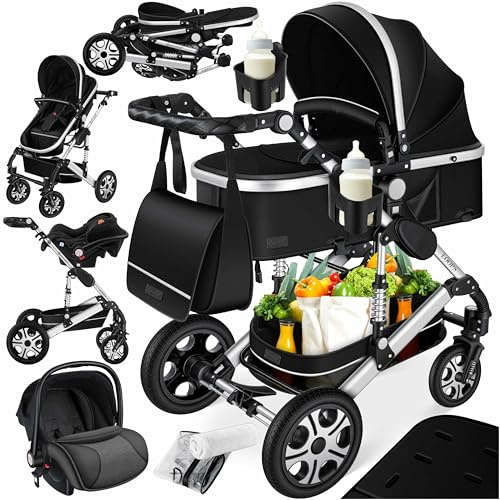 KESSER® Loops 4 in 1 Kinderwagen Kombikinderwagen Komplett-Set inkl. Babywanne & Buggy Sportsitz & Auto-Babyschale Voll-Gummireifen Wickeltasche Regenschutz Kindertisch ECE R129, Schwarz/Silber