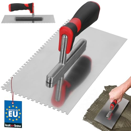 KOTARBAU® Edelstahl Glättkelle mit Zahnung 4x4 mm Zahnkelle zum Verlegen von Fliesen Glättscheibe Traufel Edelstahlkelle mit Softgriff unentbehrlich beim Fliesen 270 x 130 mm