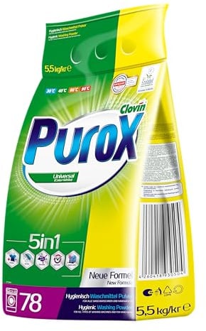 PUROX UNIVERSAL Waschpulver 78 Waschladungen 5,5 kg – Universelles Pulver für Alle Textilien, Entfernt Flecken, Umweltfreundlich, Effizient, Schützt vor Kalk, Hand- & Maschinenwäsche