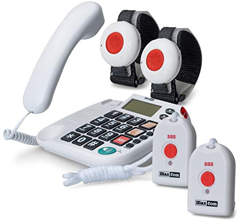 Maxcom KXTSOS: Seniorentelefon, schnurgebundenes Festnetztelefon mit 2 Armband- und 1 Umhängesender, großen Tasten + Adapterstecker