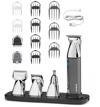 BaByliss Super-X Metal 15-in-1- Multi-Trimmer – Kabelloses Grooming-Kit inklusive Barttrimmer und Nasenhaarschneider, wasserdicht, Geschenk für Männer, Silber/Grau, MT996E