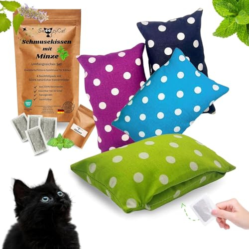 SNOOZYCAT® Premium Katzenminze Katzenkissen 4er Set – patentiertes Katzenspielzeug mit 4 Nachfüllpads, waschbare & wiederbefüllbare Duftkissen, Made in Germany
