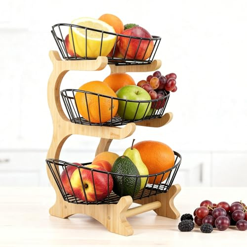 Wiedone Obstkorb Etagere 3 Etagen aus Holz – Design Obstschale für die Küche, Schwarz