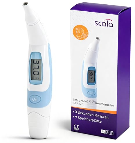 scala SC 8172 Infrarot Ohrthermometer – Digitales Fieberthermometer für Kinder & Erwachsene – 3 Sek. Messzeit, akustischer Fieberalarm & Speicher für 9 Messwerte