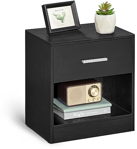 VASAGLE Nachttisch, Beistelltisch, mit Schublade, Griff, offenes Fach, Couchtisch, für Schlafzimmer, Wohnzimmer, klassikschwarz LET619T56
