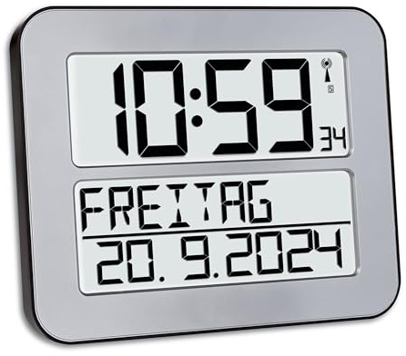 TFA Dostmann Timeline Max Funk-Wanduhr, 60.4512.54, digital, übersichtliche Funkuhr, Seniorenuhr, Demenzuhr, mit ausgeschriebenem Wochentag & Datum, mit Weckfunktion, 25,8 x 3 x 21,2 cm, Silber