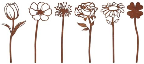 MANOPRANA 6 Stück Gartenstecker Rostdekoration für Rosen, Löwenzahn, Chrysanthemen auf Terrasse, Balkon oder Blumentopf
