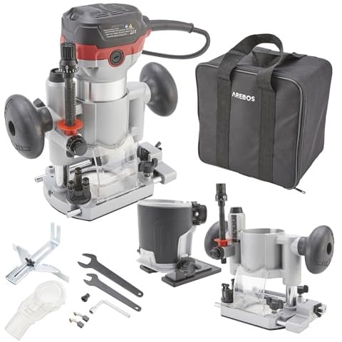 Arebos Oberfräse | Holz Fräse Fräsmaschine mit 6 Geschwindigkeitsstufen | 710W Spindelarretierung | Tauchbasis & Trimmer | Spannzange Ø 6 und 8 mm | mit Werkzeugtasche