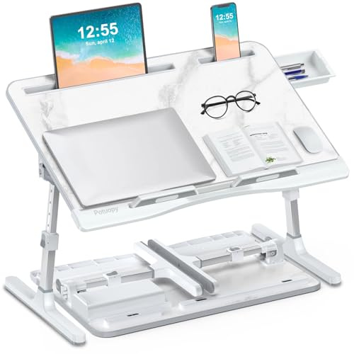 Betttisch, Potuopy verstellbare Höhe Winkel X-Large Laptoptisch, Faltbare Laptop Tisch für Bett für die Arbeit Lesen Essen auf dem Bett Sofa Boden (Marmor, 60 * 40cm)