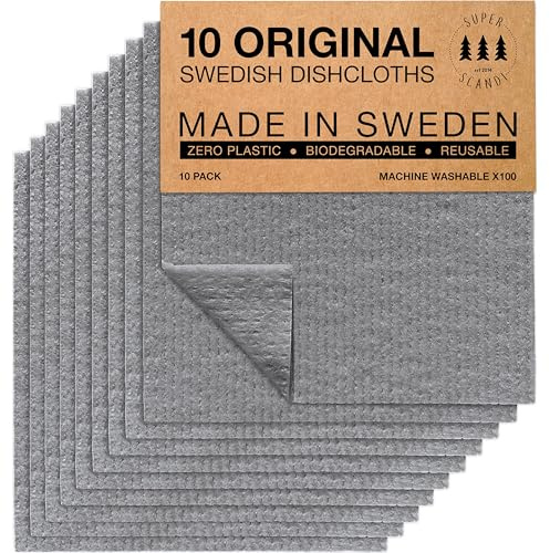 SUPERSCANDI Putzlappen im 10er Pack - 100% Biologisch Abbaubar & Kompostierbar | Wiederverwendbare & Lebensmittelsichere Spültücher Ohne Plastik | Für Jede Oberfläche Geeignete Spüllappen | Grau