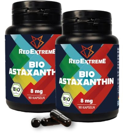 RedExtreme |BIO Astaxanthin-Kapseln 2 x 90 Doppelpack | Astaxantin hochdosiert & bio | 8 mg Astaxanthin pro Kapsel | Premium Astaxanthin Algamo® aus der Blutregenalge (Haematococcus pluvialis)