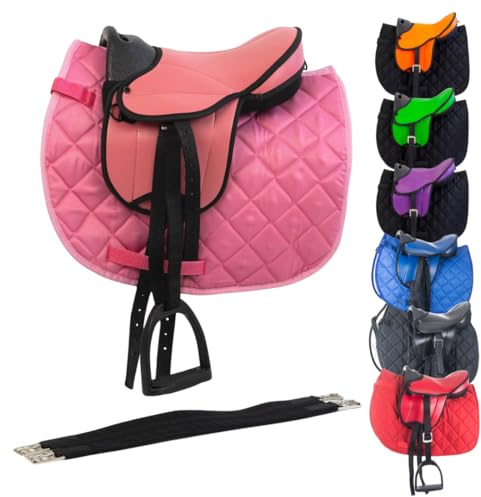 Marengos - Holzpferd Sattel Set | Sattel für Holzpferd mit Sattelgurt, Schabracke, Steigbügel & -Riemen | Sattel aus Kunstleder | Sattel-Typ Beginner in pink | Größe 12