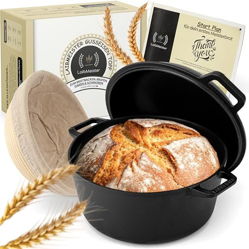 LaibMeister Gusseisen Topf 26cm mit Deckel Emailliert - Robuster Gusseisen Topf Brot Backen Inkl. Gärkorb - Ideal zum Brot Backen Zubehör, Brottopf, Brotbackform