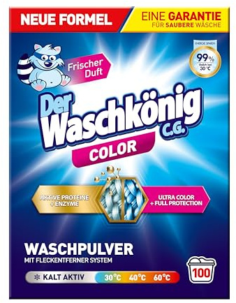 Der Waschkönig C.G. Color Waschpulver 100 Waschladungen 6 kg – Entfernt Flecken ab 30 °C, Schützt Farben, für Bunte Wäsche, Löst sich Vollständig, Sanft zur Haut