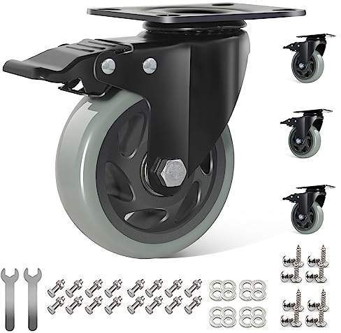 IQWTU Möbelrollen mit Bremse 100MM Lenkrollen, 4 Stück Schwerlastrollen inkl. Montagezubehör, Transportrollen 360° Drehung bis 600KG, Schwerlast Rollen mit Bremse für Innen & Außen