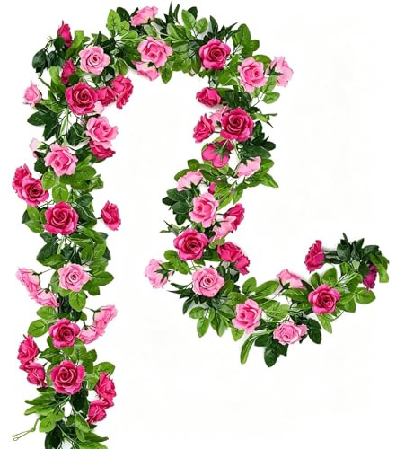 Floweroyal 2 Stück Blumengirlande Künstliche Rosengirlande 15.8FT Gefälschte Rosenranken Seidenblumen Hängend für Hochzeitsbogen Party Heim Garten Mauer Dekor（Magenta）