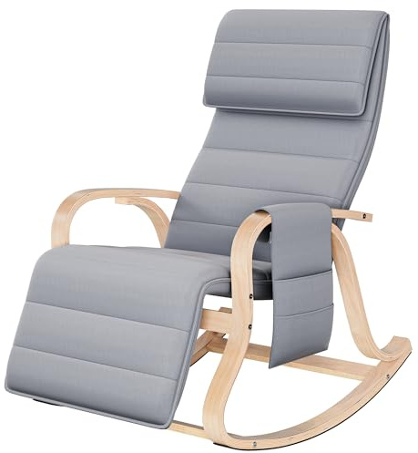 FirFurd Schaukelstuhl Schaukelsessel aus Birkenholz Relaxsessel mit 5-Fach verstellbares Fussteil Belastbarkeit 150kg Schaukelstuhl für Schlafzimmer, Wohnzimmer, Balkon, Outdoor 65×86×100cm Grau