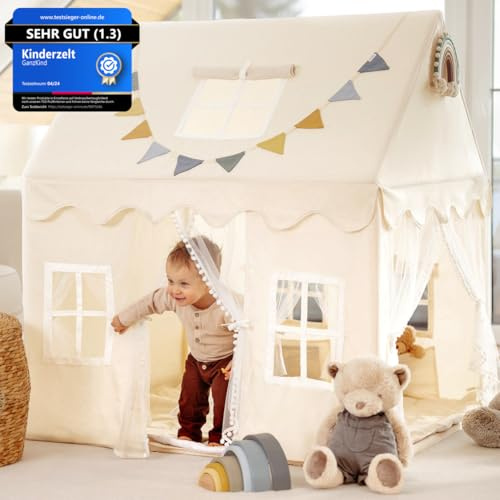 GANZKIND® Spielhaus Kinder Indoor mit 2 Eingängen & 5 Fenstern | Kinderzelt für Drinnen, Spielzelt, Kinderspielhaus, Kinderhaus, Zelt Kinderzimmer, Kuschelecke | Mädchen & Jungen ab 3 Jahre | beige