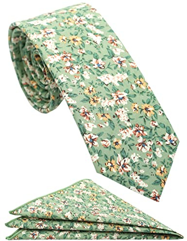 ZENXUS Herren-Krawatte-Set mit Blumen-Einstecktuch, 6,3 cm, Baumwolle, handgefertigt, jadegrün, Dünn