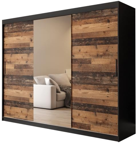 KRYSPOL Schiebetürenschrank Old Style T1 250 cm Kleiderschrank mit Spiegel Einlegeboden Schlafzimmer- Wohnzimmerschrank Schiebetüren Modern Design (Schubladen: 0)