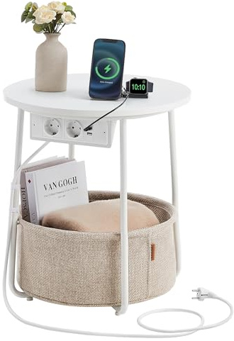 VASAGLE Beistelltisch rund, Kleiner Tisch, Couchtisch mit Steckdose, Wohnzimmertisch, Korb aus Stoff, Stauraum für Wohnzimmer Schlafzimmer, Nachttisch modern, mattweiß-Kamelbraun LET228W02