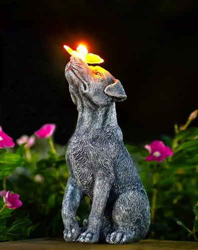 Yeomoo Hund Figuren mit Schmetterling Solar Deko für Außen: Lustige Hunde Gartendeko Hundebesitzer Geschenk für Frauen Mama Vatertagsgeschenk für Papa Wasserdicht Deko für Garten Balkon Zimmer