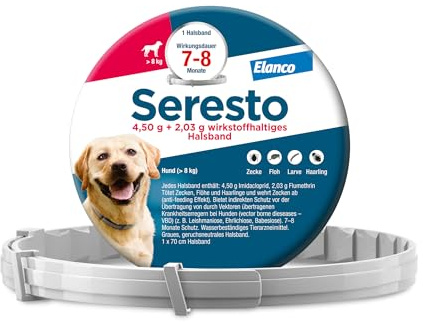 Elanco Seresto® Halsband für große Hunde ab 8 kg: 7 bis 8 Monate wirksamer Schutz gegen Zecken und Flöhe, Länge 70 cm, 4,50 g + 2,03 g