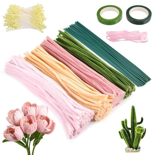 400 Stück Pfeifenputzer zum Basteln Blumen, Pfeifenreiniger Blumen Set, Tulpe Pipe Cleaner Flower Set, Blumenstrauß DIY Pipe Cleaners mit Staubgefäße, Blumenband, Blumendraht, Staubblatt,usw