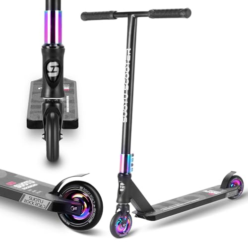 SUOTU Stunt Scooter, 360° Lenkung, Stunt Roller mit 100mm PU Räder, Stand Roller für Kinder Jugendliche und Erwachsene, Tragfähigkeit: 100 kg, Aluminium (Schwarz-Regenbogen)
